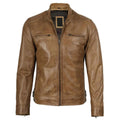 Dodge Men's Camel Brown Genuine Leather Cafe Racer Biker Style Jacket