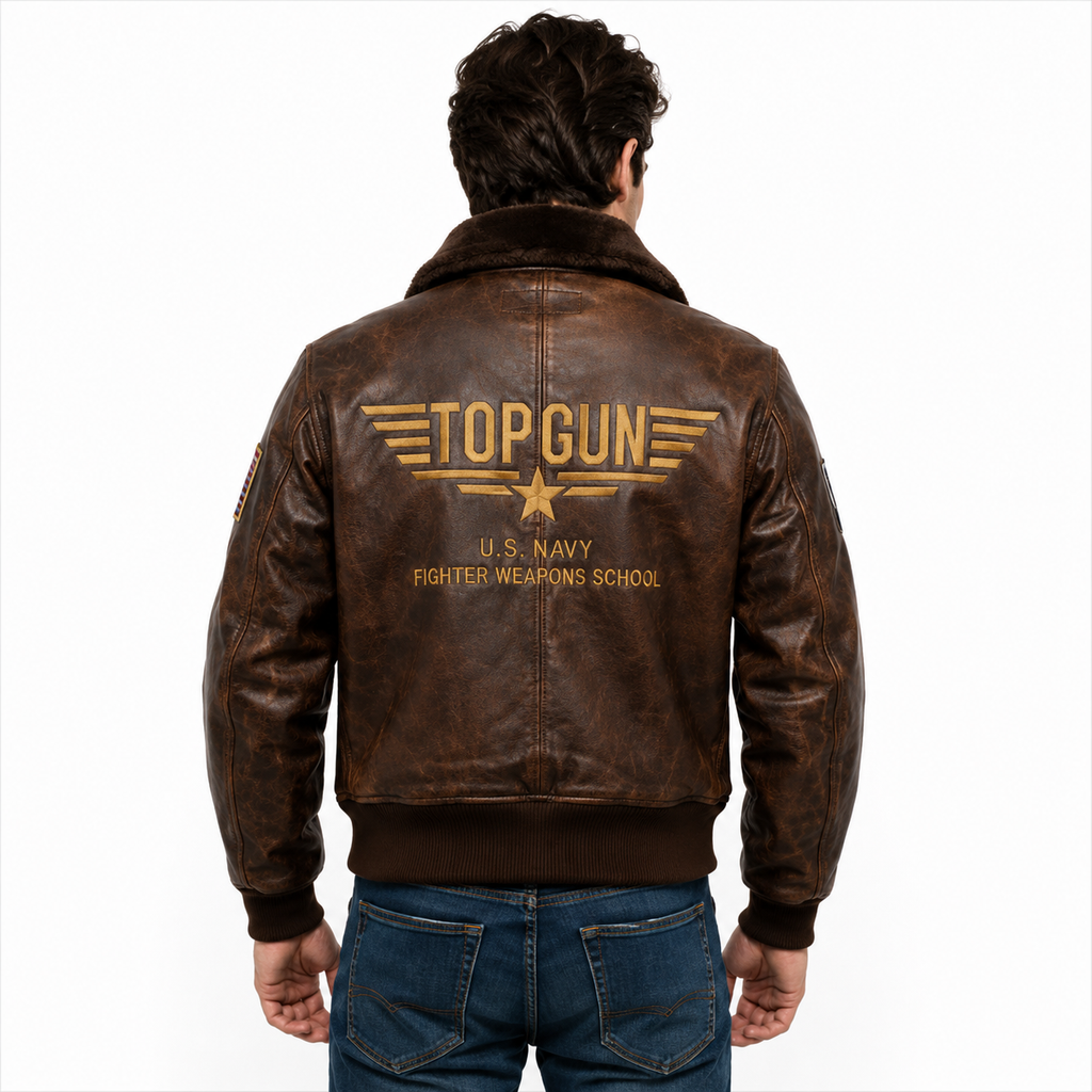 Men's Brown Top Gun Flight Leather Jacket with Faux Fur Collar