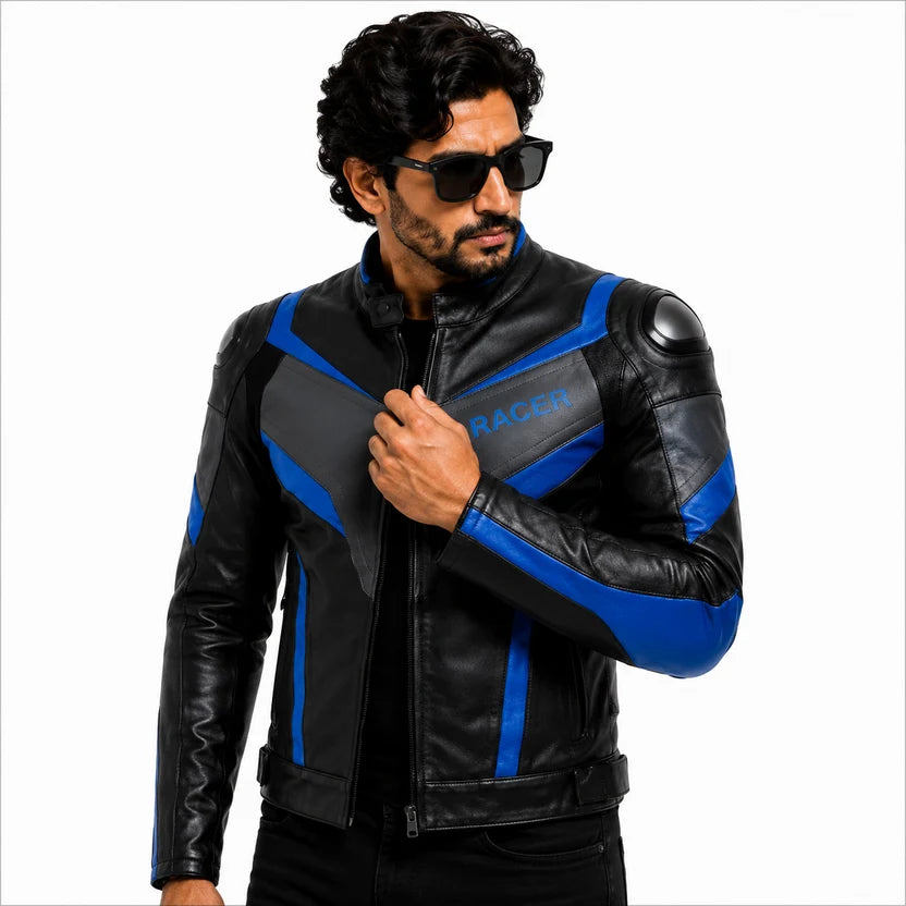 Men's Black and Blue Racer Leather Jacket with Geometric Panels and RACER Logo