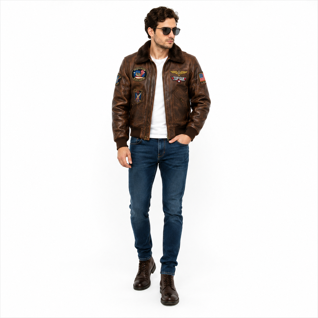Men's Brown Top Gun Flight Leather Jacket with Faux Fur Collar