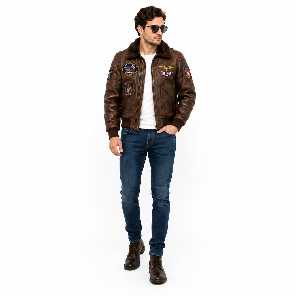 Men's Brown Top Gun Flight Leather Jacket with Faux Fur Collar
