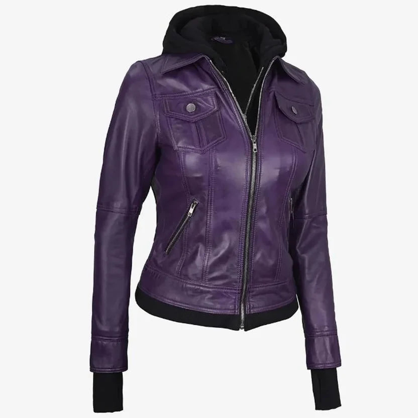 women's purple hooded leather jacket