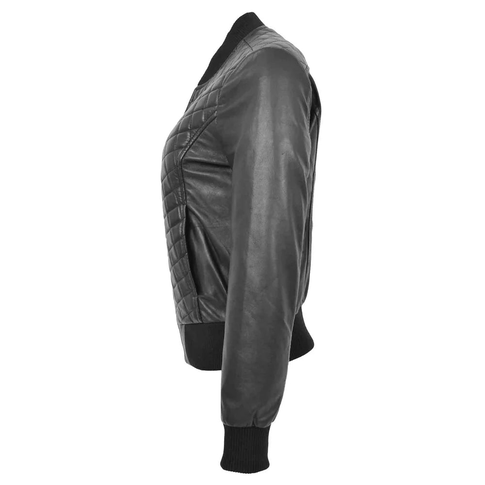 Women's Genuine Leather Quilted Bomber Jacket