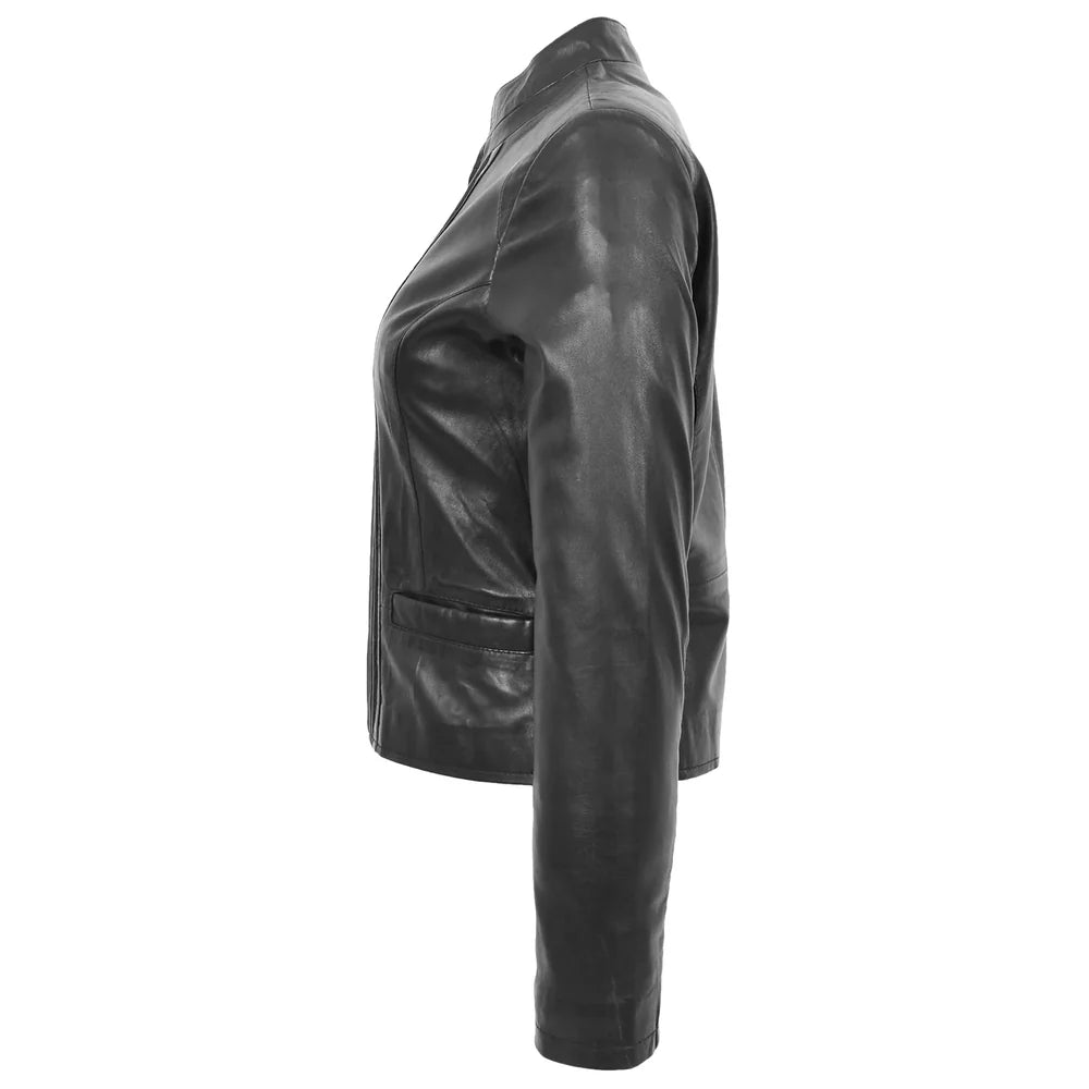 Women’s Black Leather Casual Jacket with Standing Collar