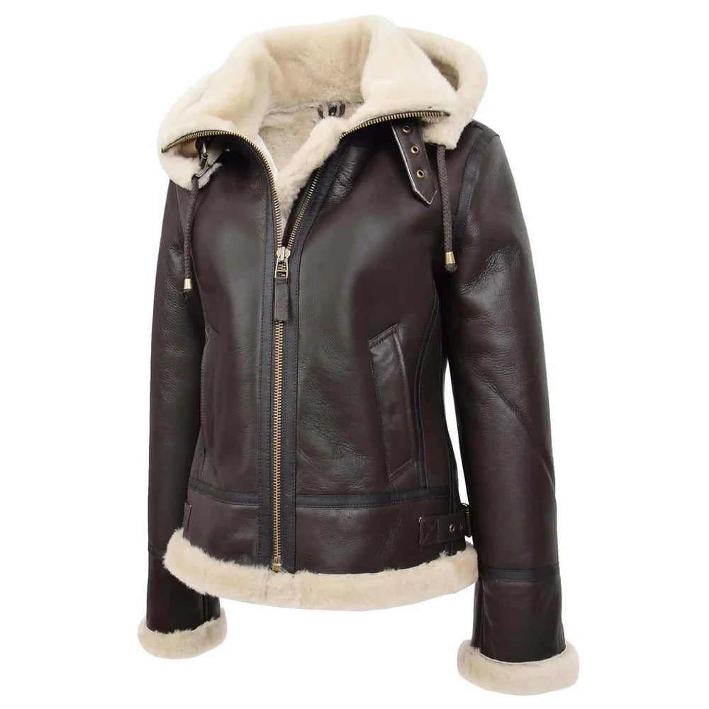 Women’s Sheepskin B3 Jacket Brown White Removable Hood