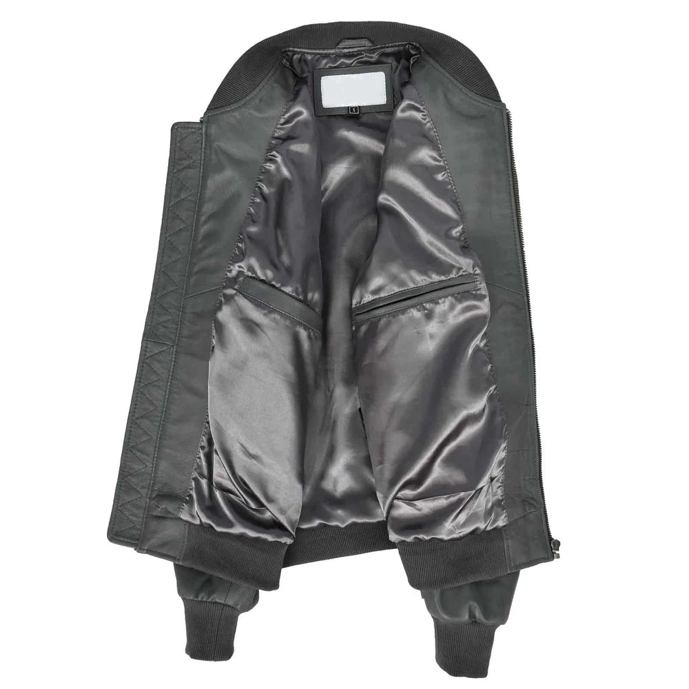 Men’s Grey Leather MA-1 Bomber Jacket