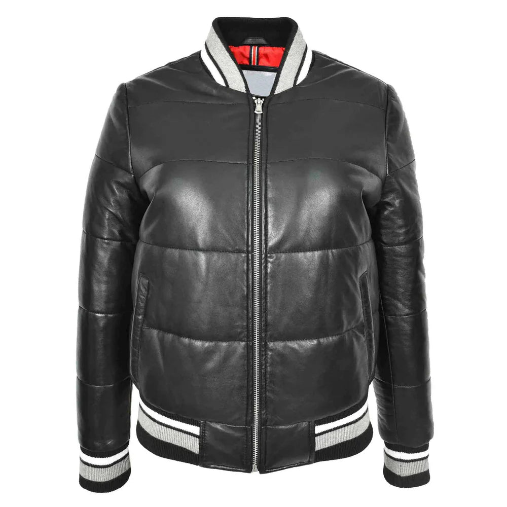 Premium Durability Women's Real Leather Puffer Bomber Jacket