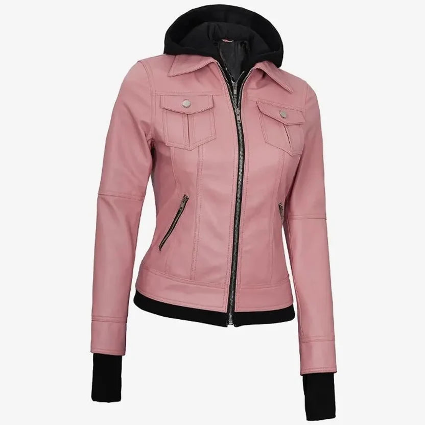 women's dusty pink hooded leather jacket 