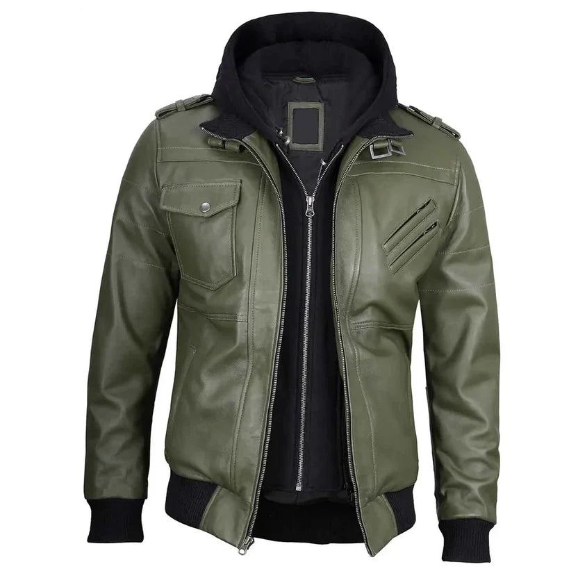 Men's Olive Green Genuine Leather Hooded Military Jacket