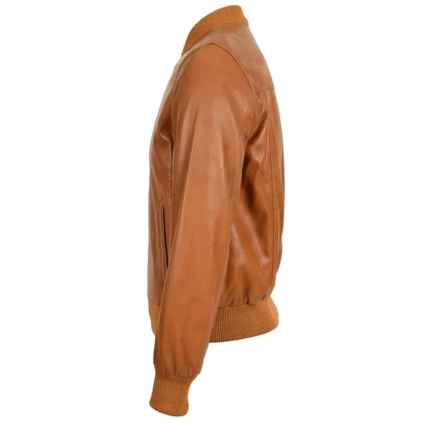 Men's Tan Leather Bomber Jacket