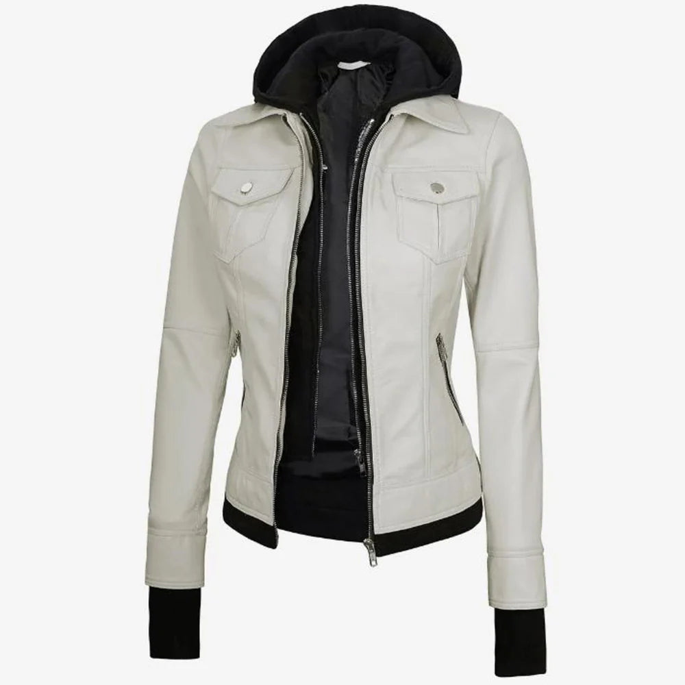 Lambskin Leather Biker Jacket Removable Hood Thumbhole