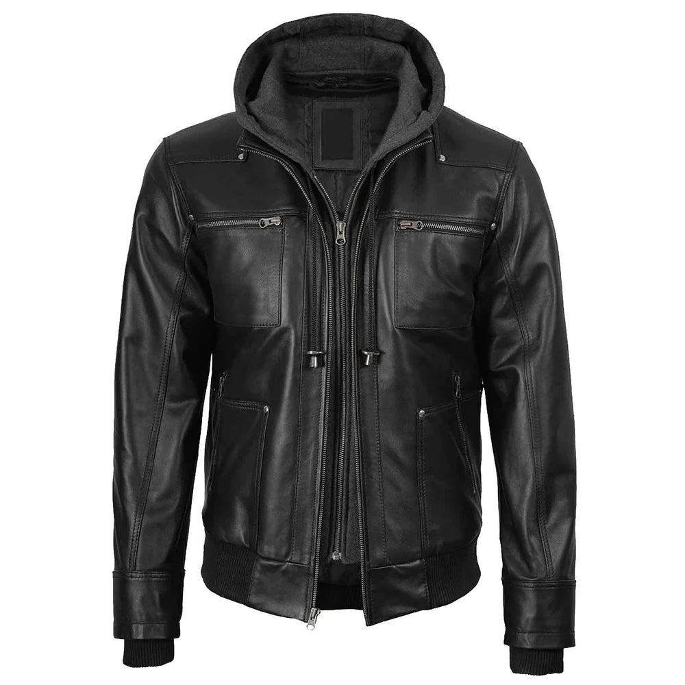 Men's Black Bomber Lambskin Leather Jacket with Removable Hood