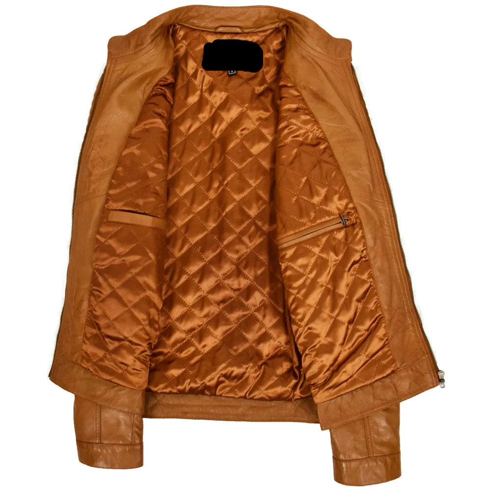 Men's Leather Cafe Racer Biker Jacket Ron Tan