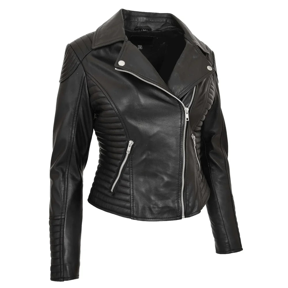 Women’s Real Leather Cross Zip Jacket