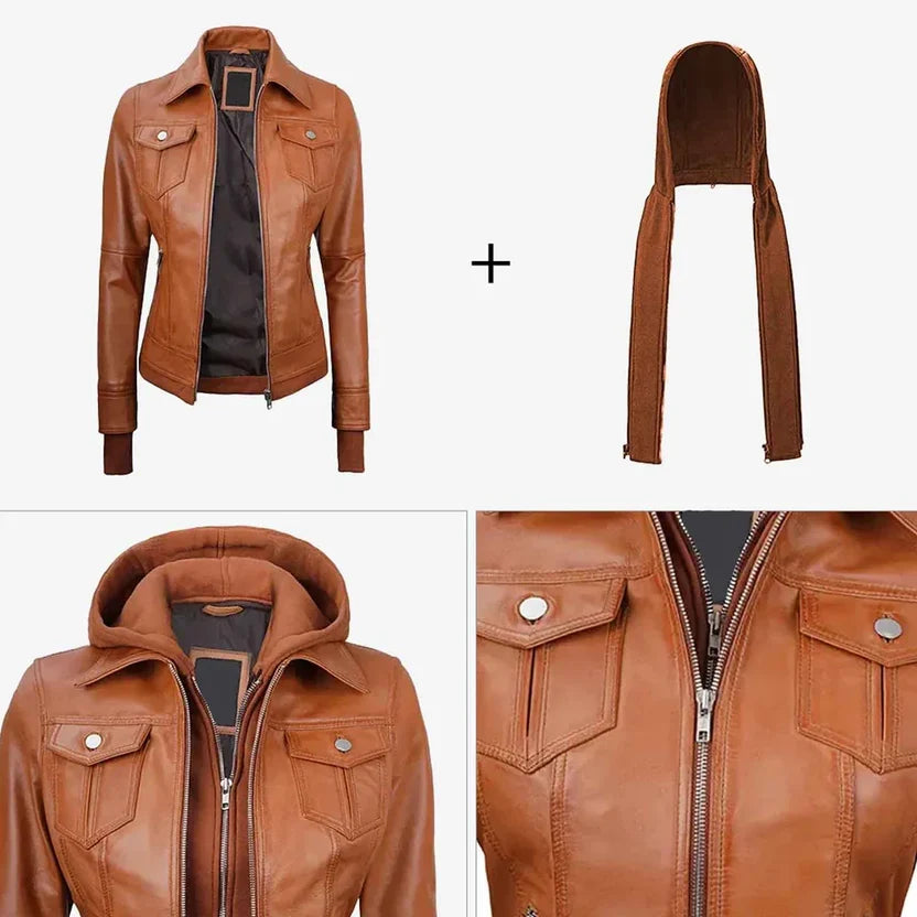 women's cognac brown hooded leather jacket