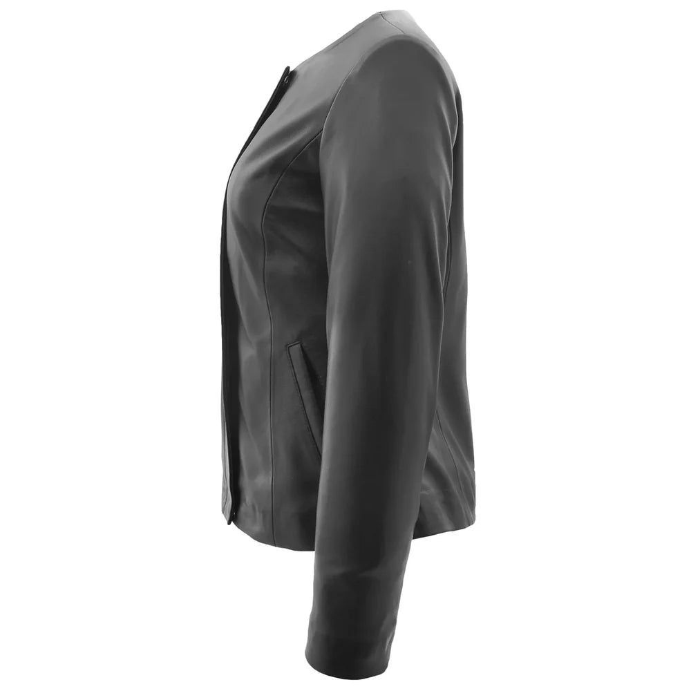 Lambskin Stylish Women's Collarless Round Neck Leather Jacket