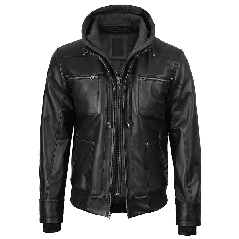 black leather bomber jacket
