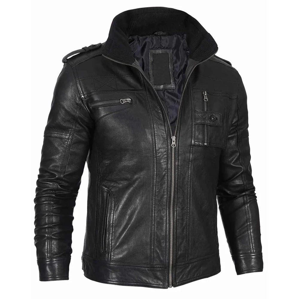 Men's Black Waxed Cafe Racer Style Lambskin Leather Jacket