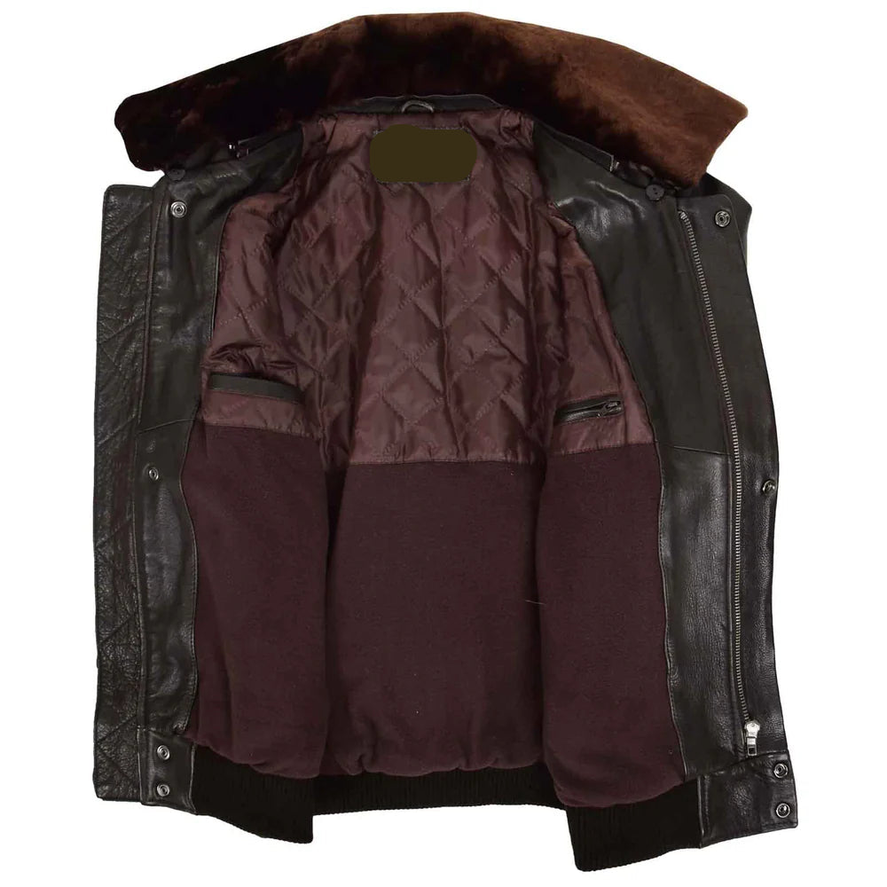 Men’s Leather Bomber Pilot Jacket with Removable Collar