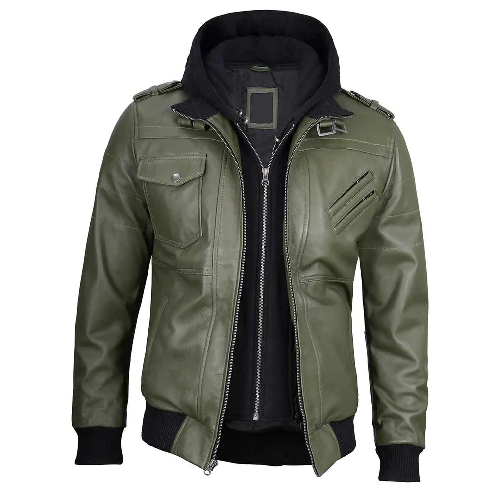 Men's Military Green Leather Jacket with Removable Hood