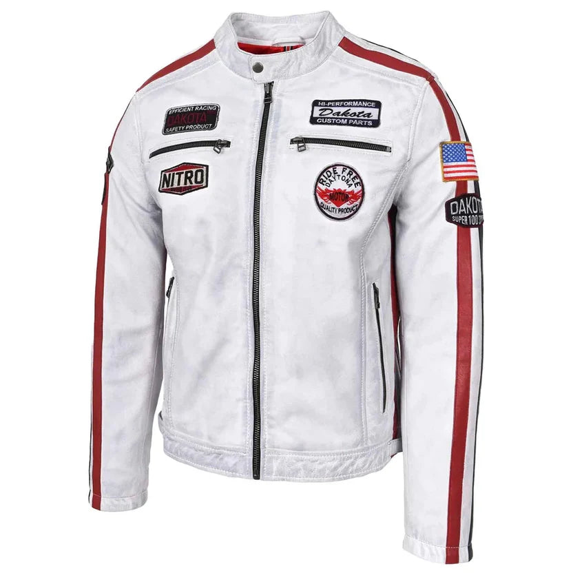 Men's White Leather Racing Jacket