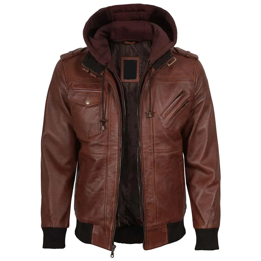 Men's Brown Leather Hooded Jacket