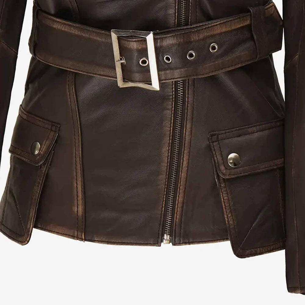 Women's Distressed Brown Asymmetrical Genuine Leather Biker Style Jacket
