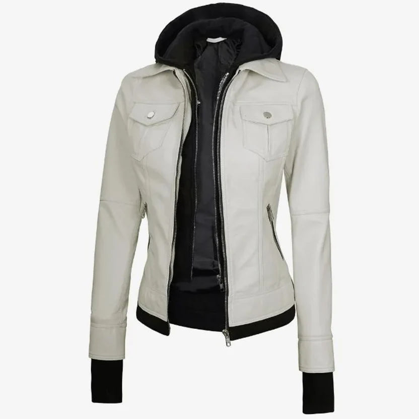 Women's Off White Hooded Cargo Leather Jacket