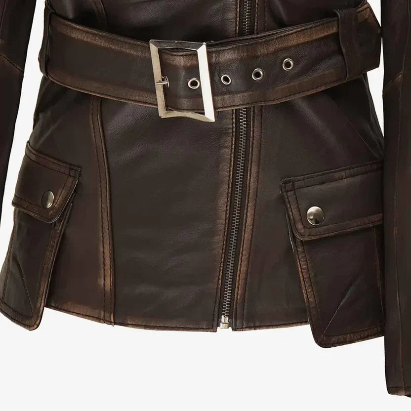 Women's Brown Genuine Leather Belted Biker Jacket