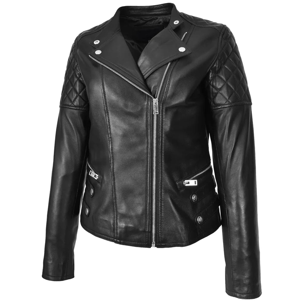 Women's Real Leather Biker Jacket Classic Cross Zip Style
