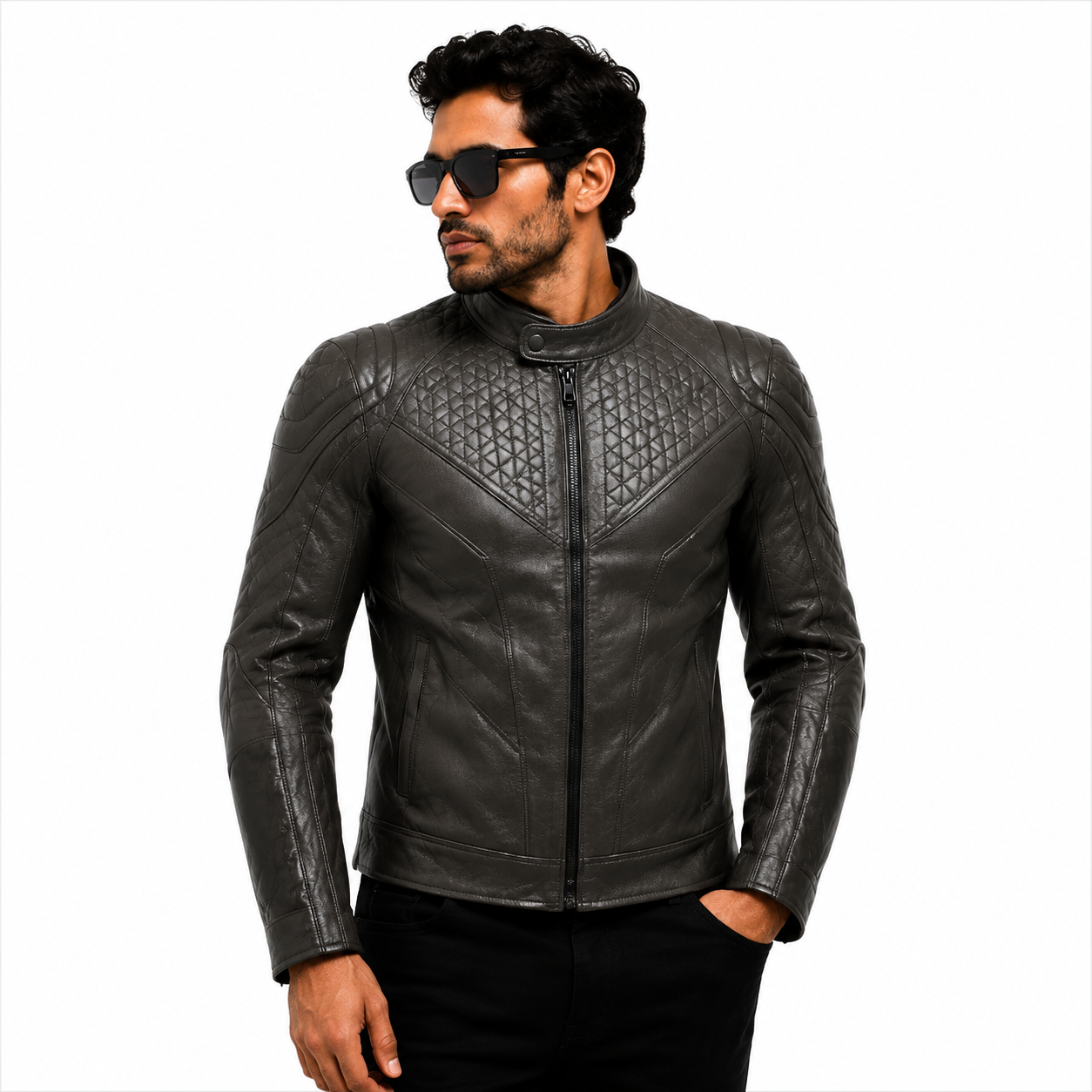 Men's Charcoal Gray Quilted Racer Leather Jacket
