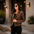 Women's Studded Brown Leather Biker Jacket