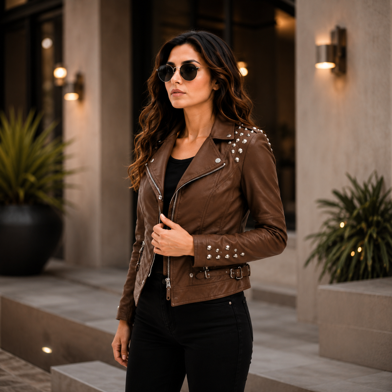 Women's Studded Brown Leather Biker Jacket