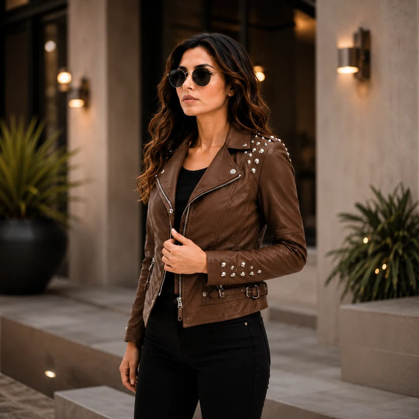 Women's Brown Studded Leather Biker Jacket