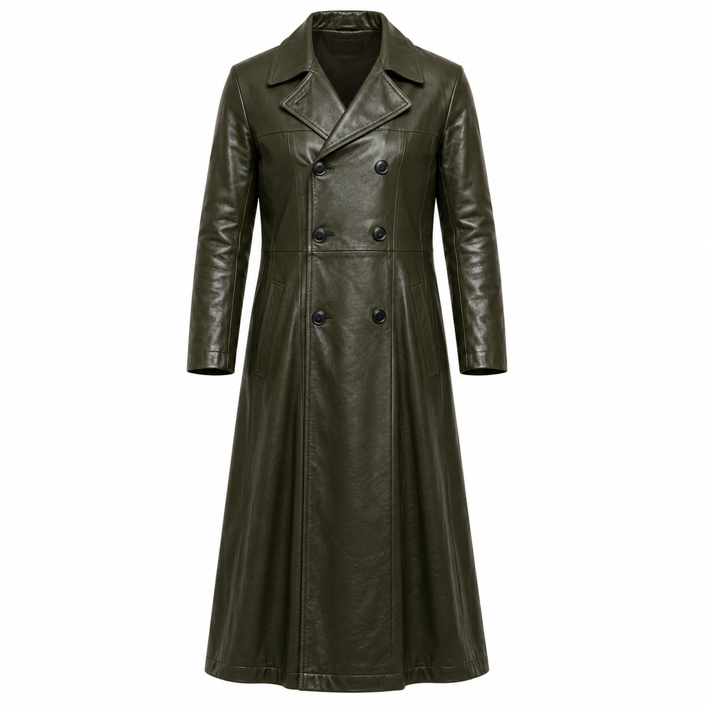 Full-Length Double-Breasted Leather Duster Trench Coat