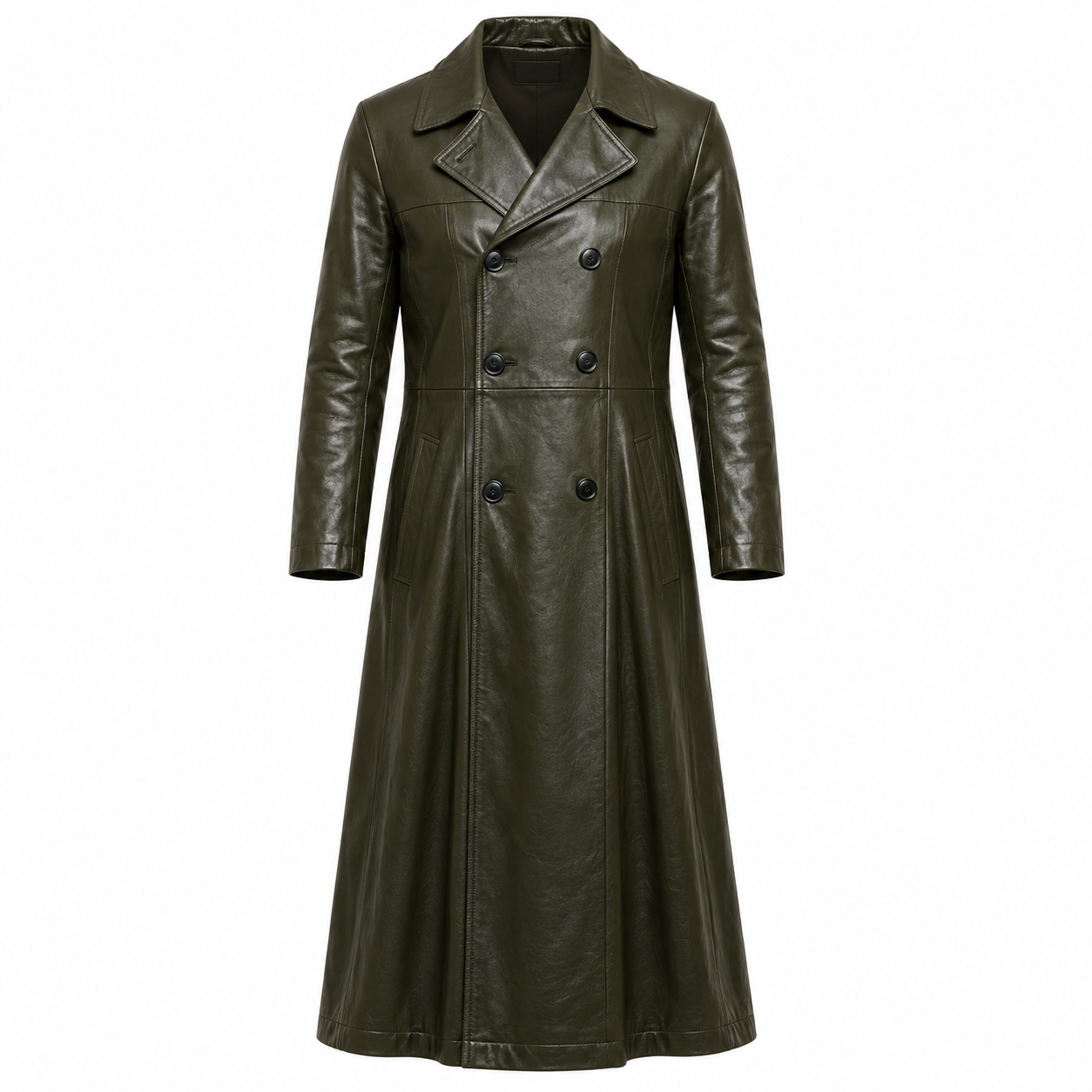 Full-Length Double-Breasted Leather Duster Trench Coat