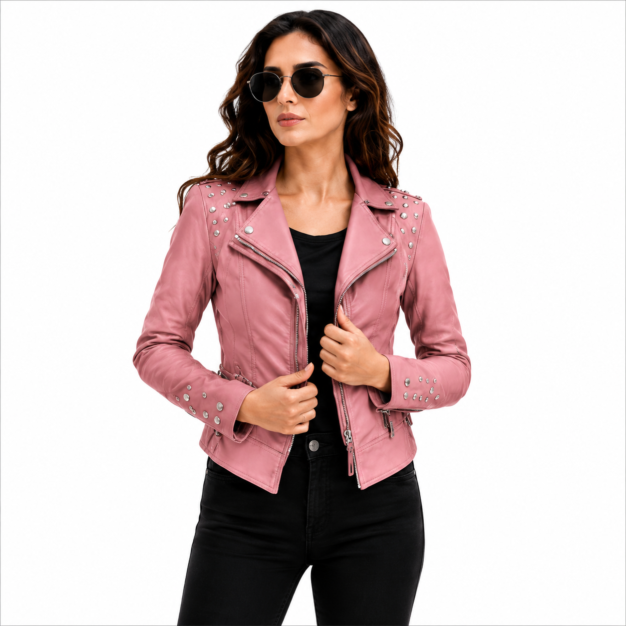 Women's Studded Pink Leather Biker Jacket
