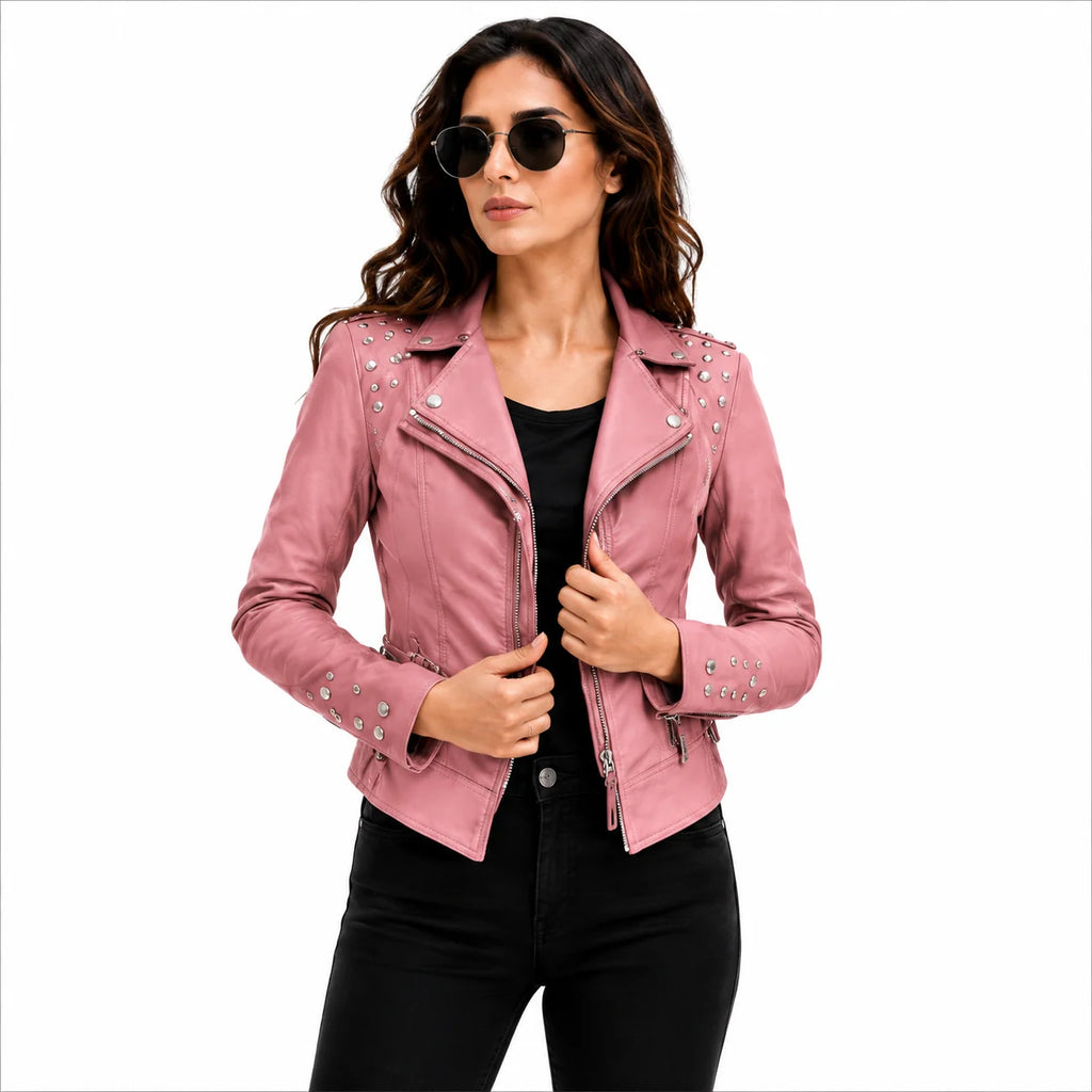 Women's Pink Studded Leather Biker Jacket