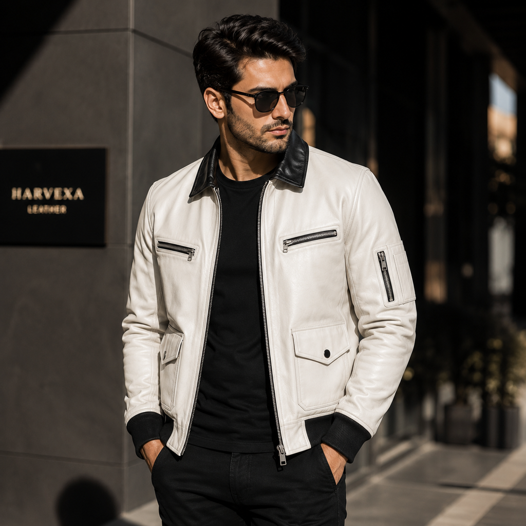 Men's white leather flight bomber jacket
