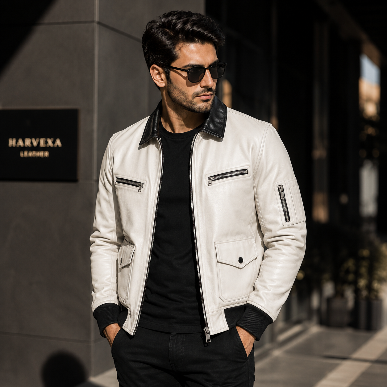 Men's white leather flight bomber jacket