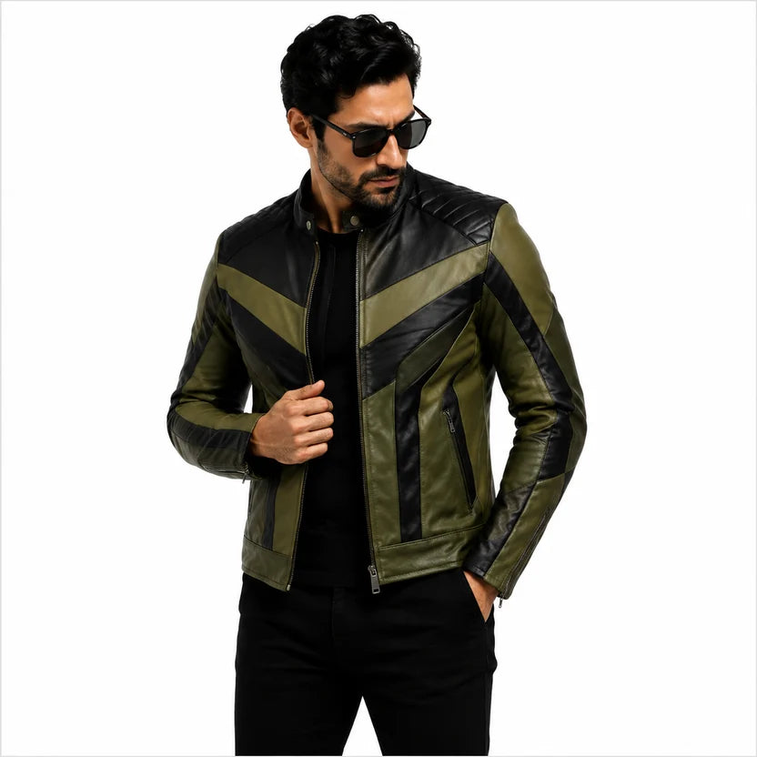 Men's Olive Green Black V-Panel Racer Leather Jacket