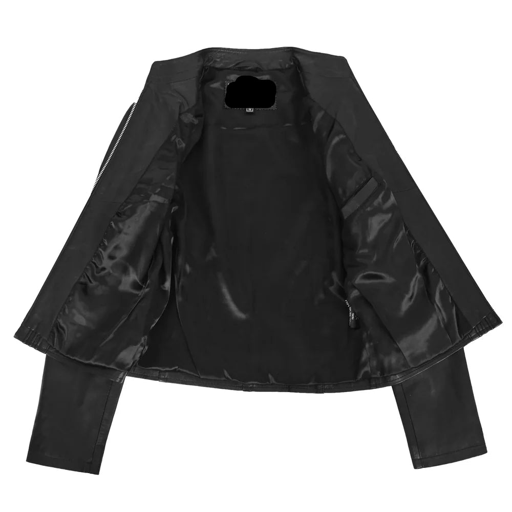 Women’s Black Leather Casual Jacket with Standing Collar