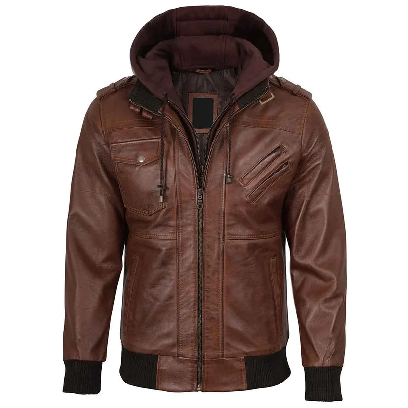Men's Brown Leather Hooded Jacket