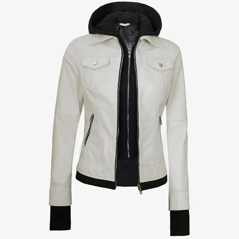 Women's Off White Hooded Leather Jacket