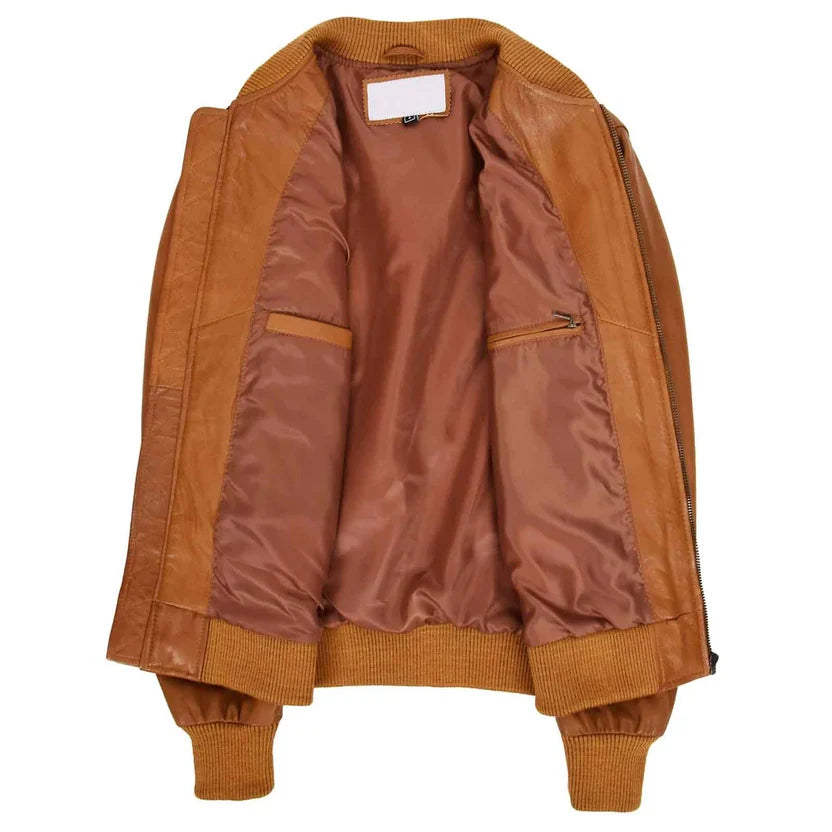Men's Tan Leather Classic Bomber Jacket