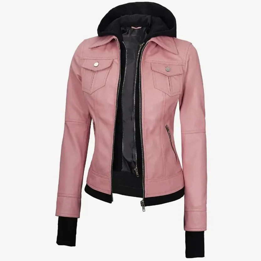 Women's Dusty Pink Hooded Leather Jacket