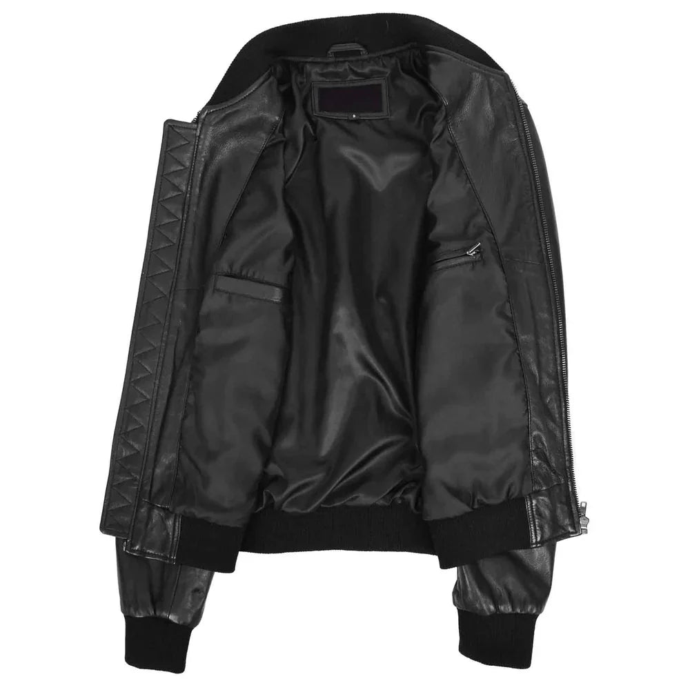 Men's Black Leather MA-1 Bomber Jacket