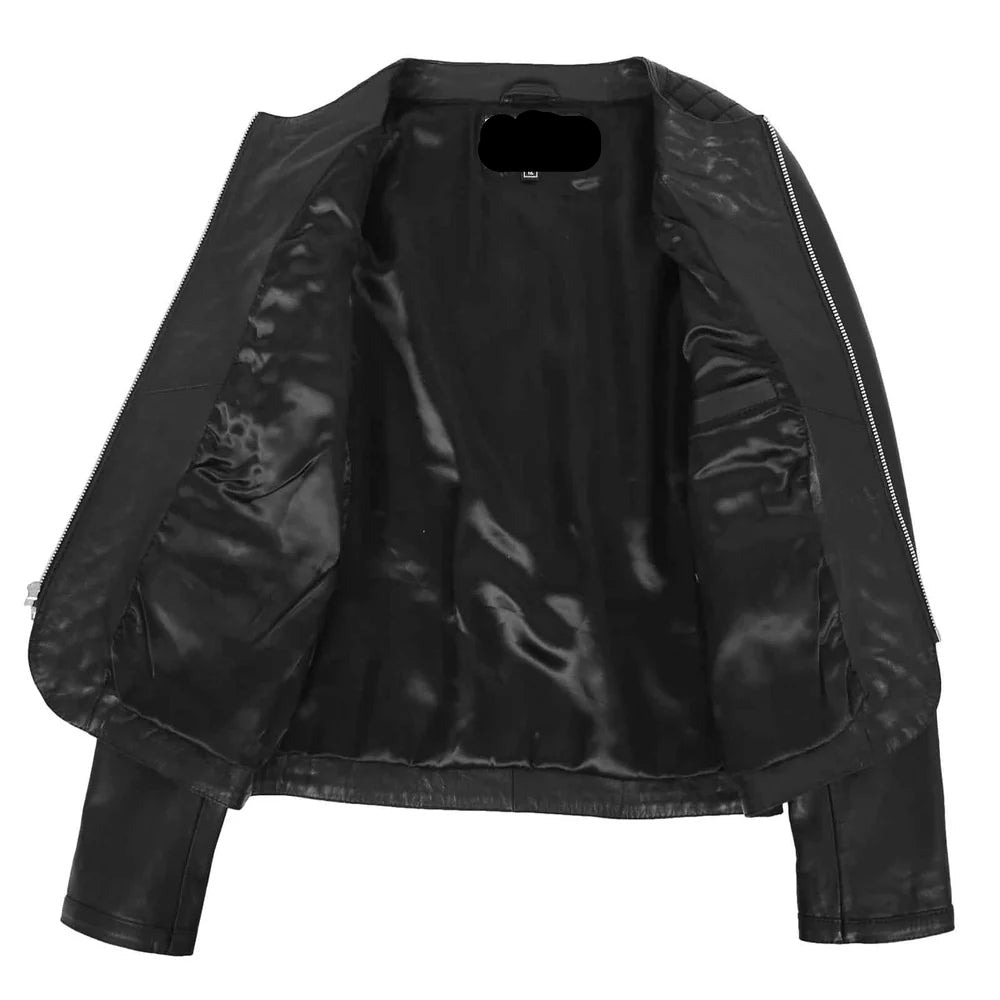 Fashion Women's Leather Collarless Jacket With Quilt Design Joan Black