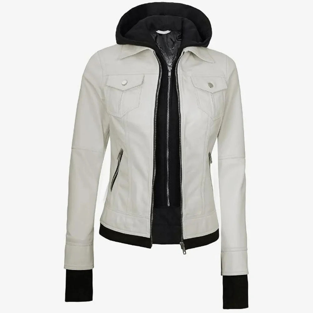 Lambskin Leather Biker Jacket Removable Hood Thumbhole