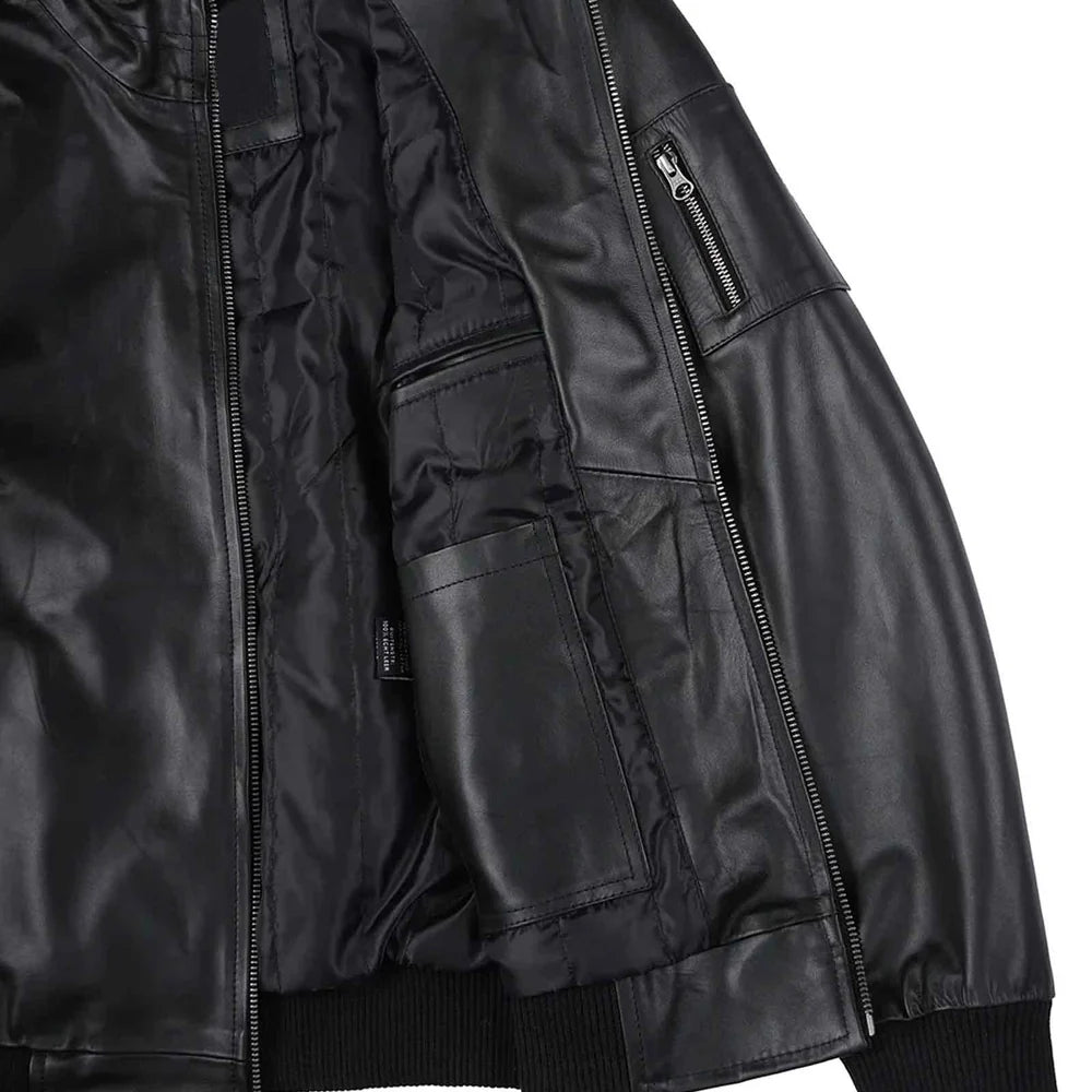 Men's Black Real Cowhide Leather Bomber Jacket